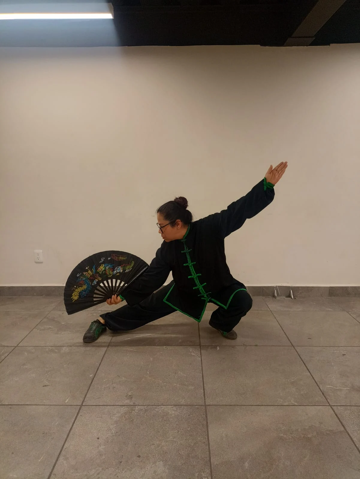 Práctica de Tai Chi con abanico en una postura baja