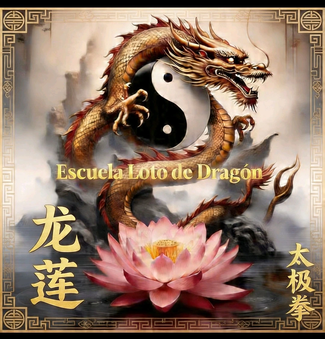 Logo original de Escuela Loto de Dragón: dragón dorado, yin y yang y flor de loto